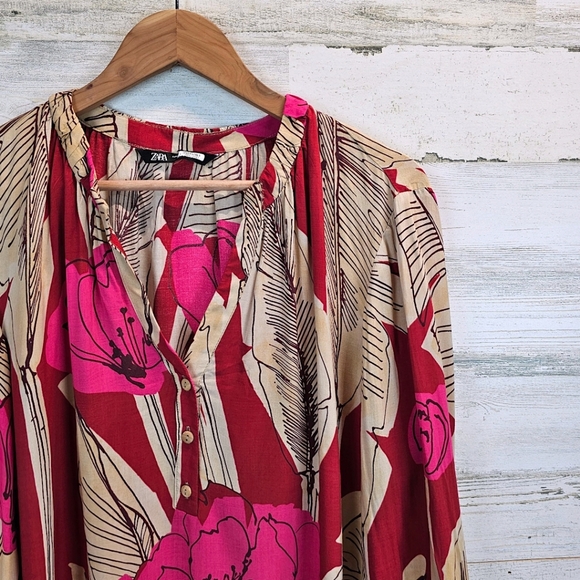 Zara Womens Tropical Floral V-Neck Top Medium Red Relaxed Beachy Coconut Girl - Picture 8 of 12